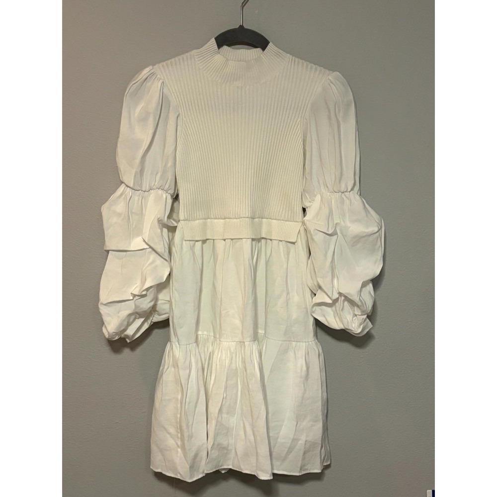 English Factory Mixed Media Mini Dress Womens XS White Knit Bodice Puff Sleeve - Picture 2 of 11